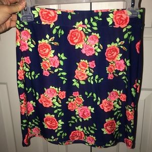 Navy pencil skirt with orange roses